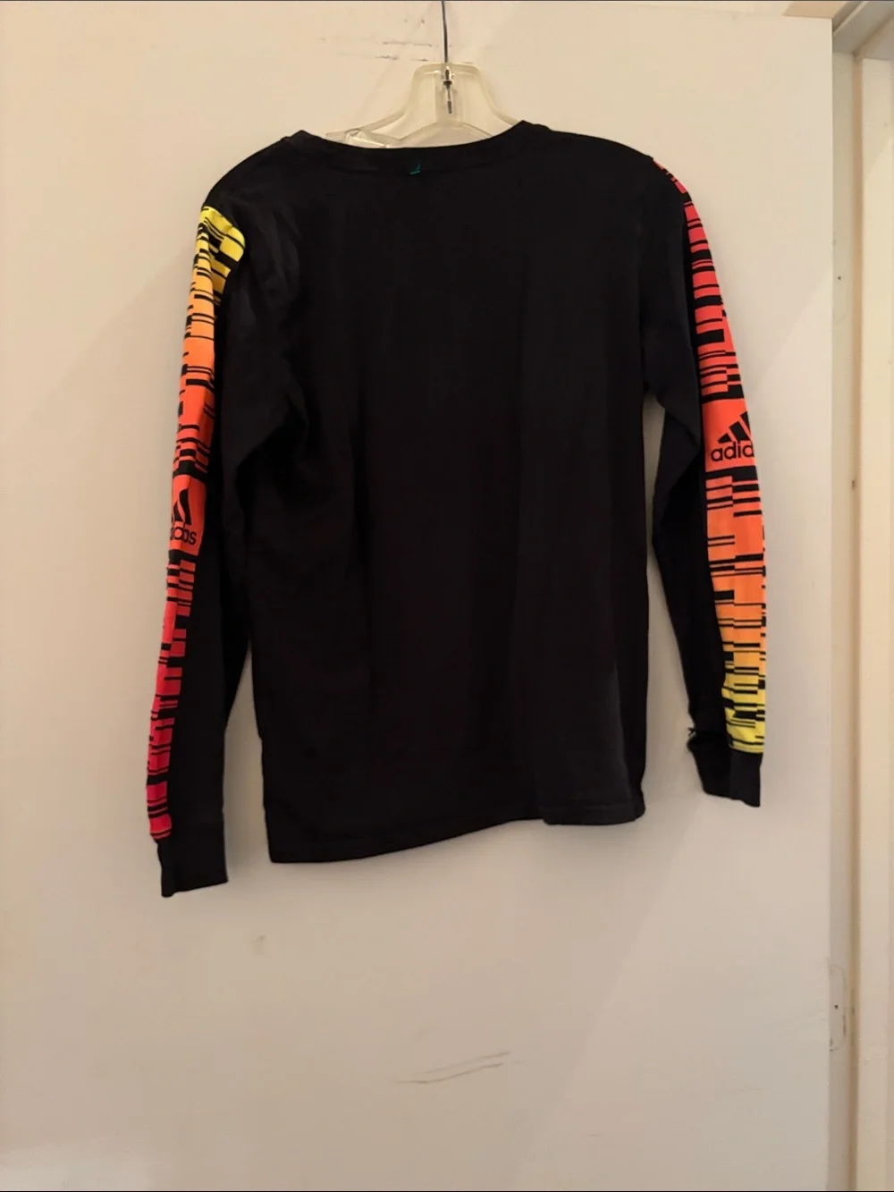 adidas Black Long Sleeve Tee with Neon Gradient Logo and Sleeve Stripes